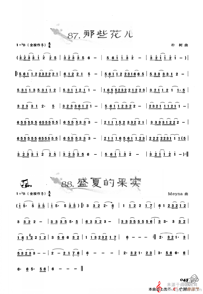 那些花儿 盛夏的果实简谱（朴树、Meyna曲）