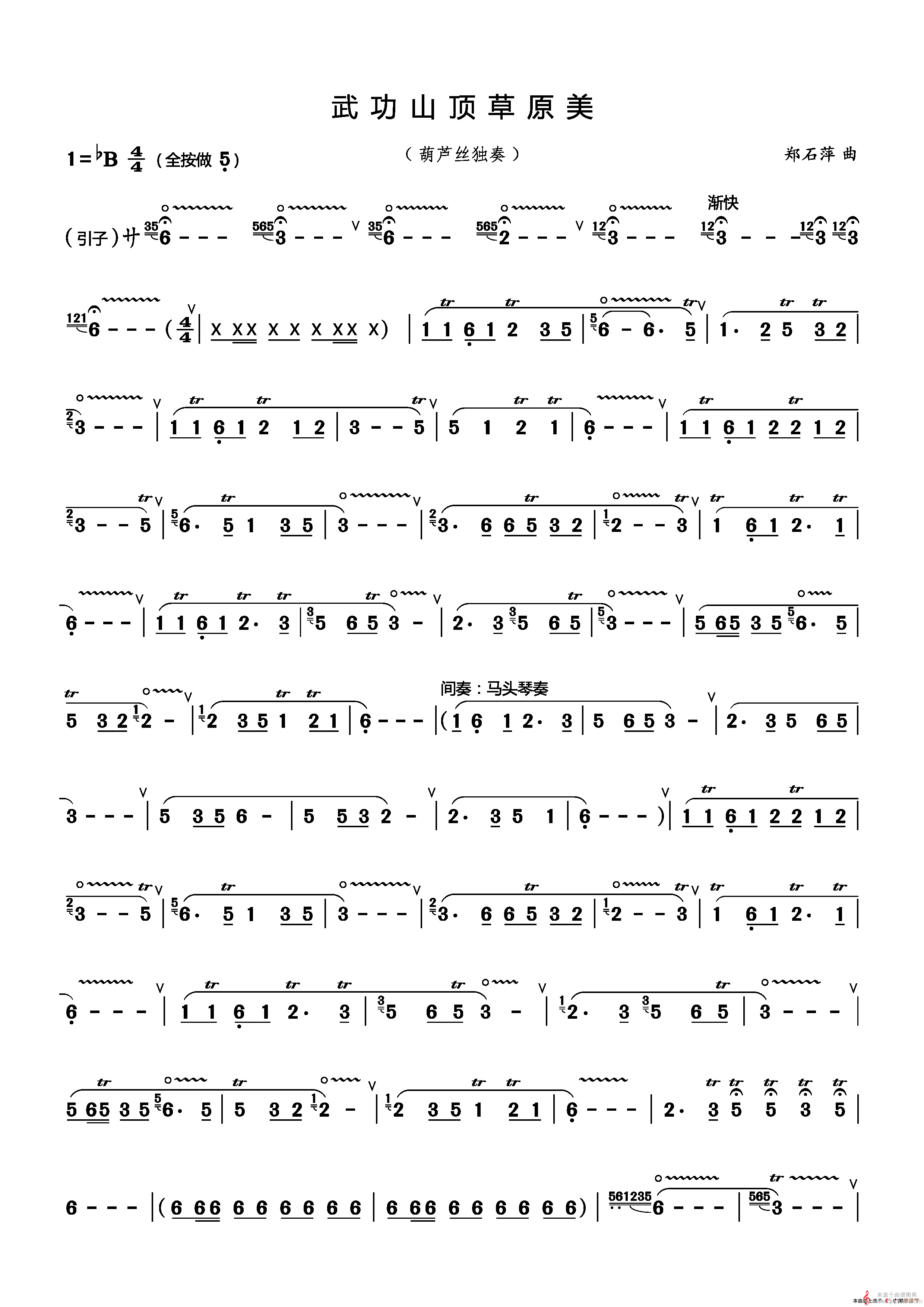 武功山顶草原美简谱（武功山顶草原美简谱葫芦丝丝谱）
