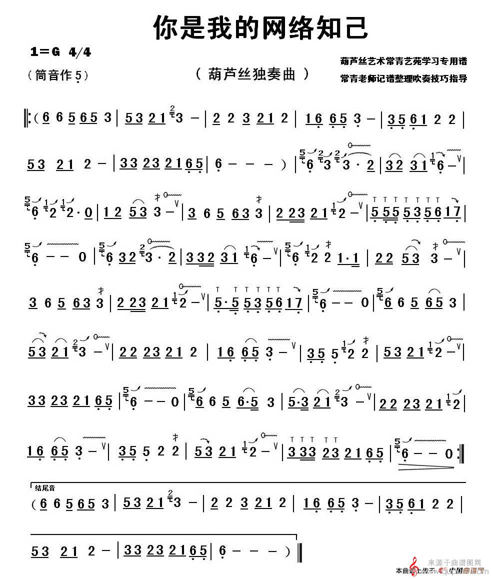你是我的网络知己简谱（你是我的网络知己葫芦丝G调独奏伴奏）
