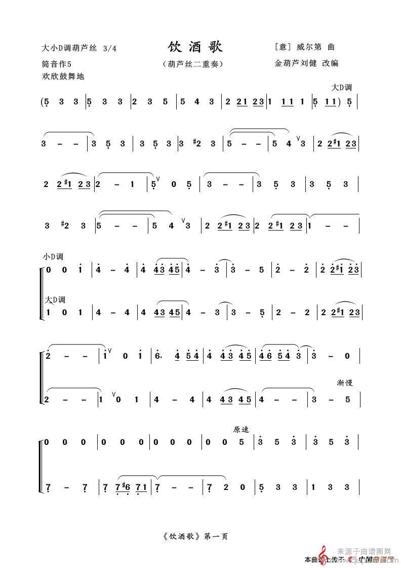 饮酒歌简谱（《茶花女》选段、二重奏）