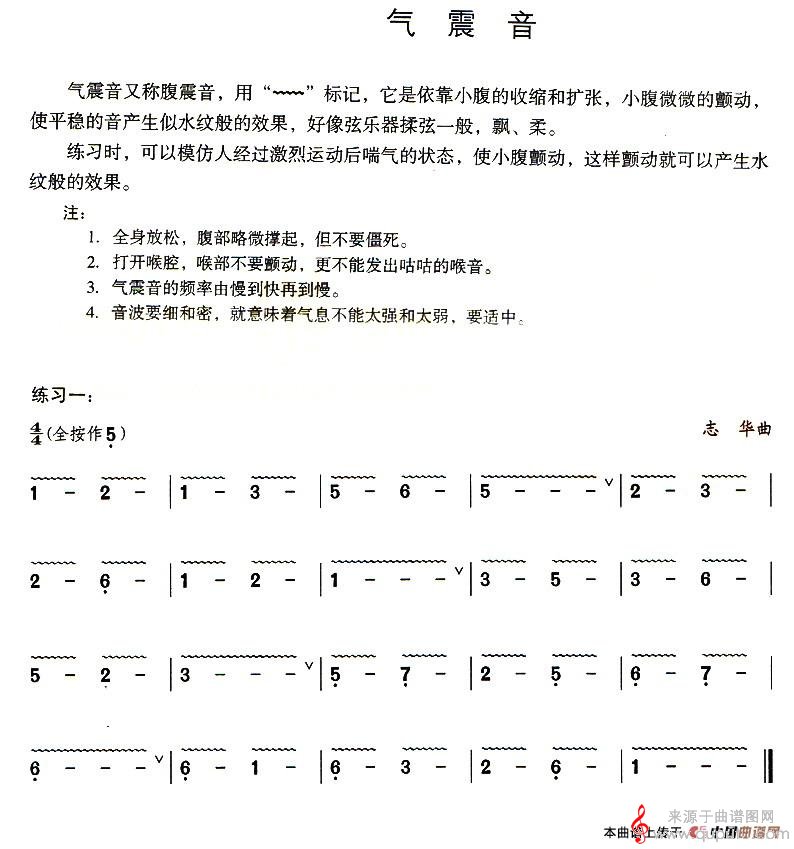 气震音简谱（气震音葫芦丝技巧练习之六）