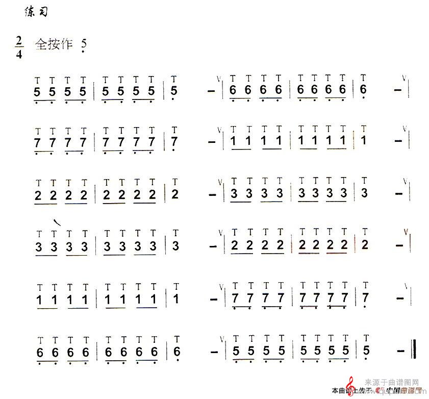 单吐简谱（单吐葫芦丝技巧练习之一）