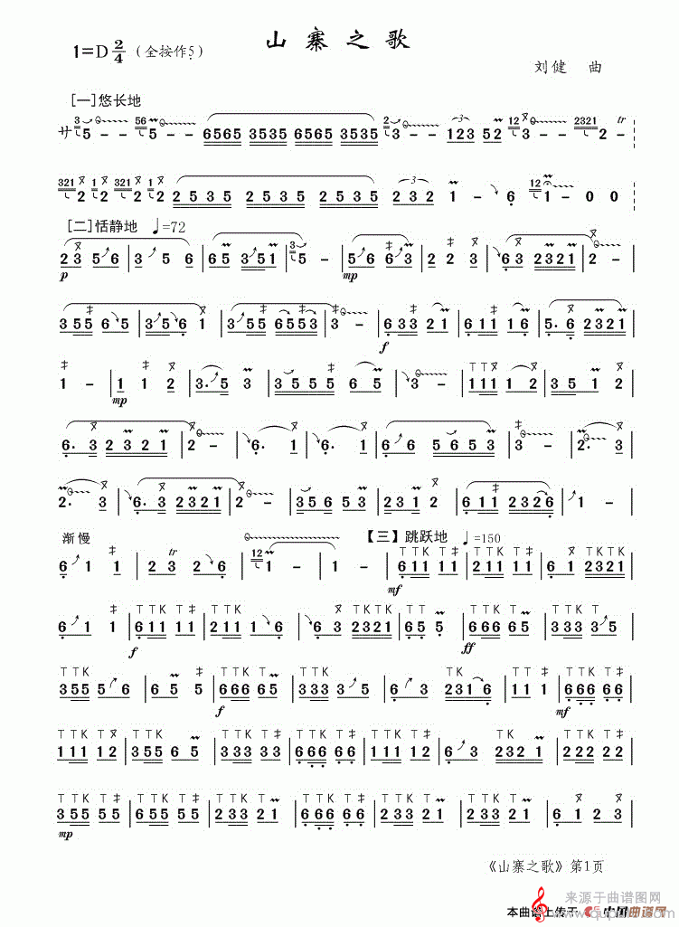 山寨之歌简谱（山寨之歌葫芦丝杜独奏曲谱）